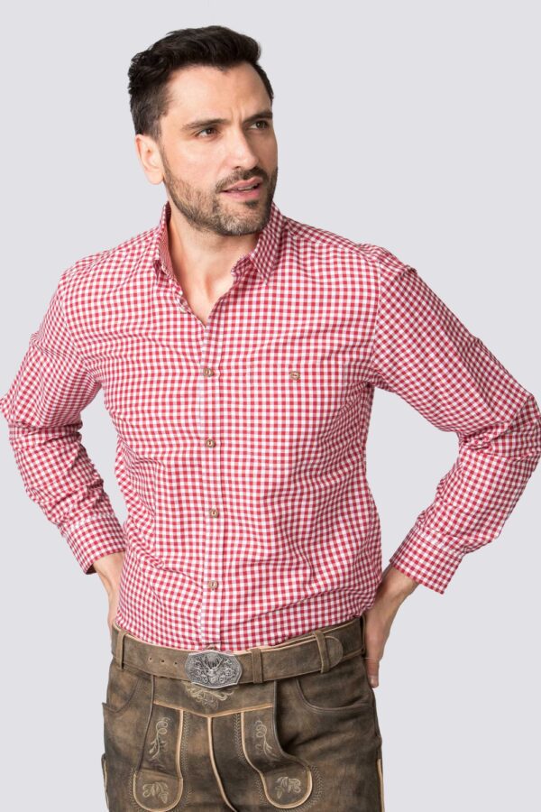 Vibrant Men's Trachten Shirt with Red Gingham front