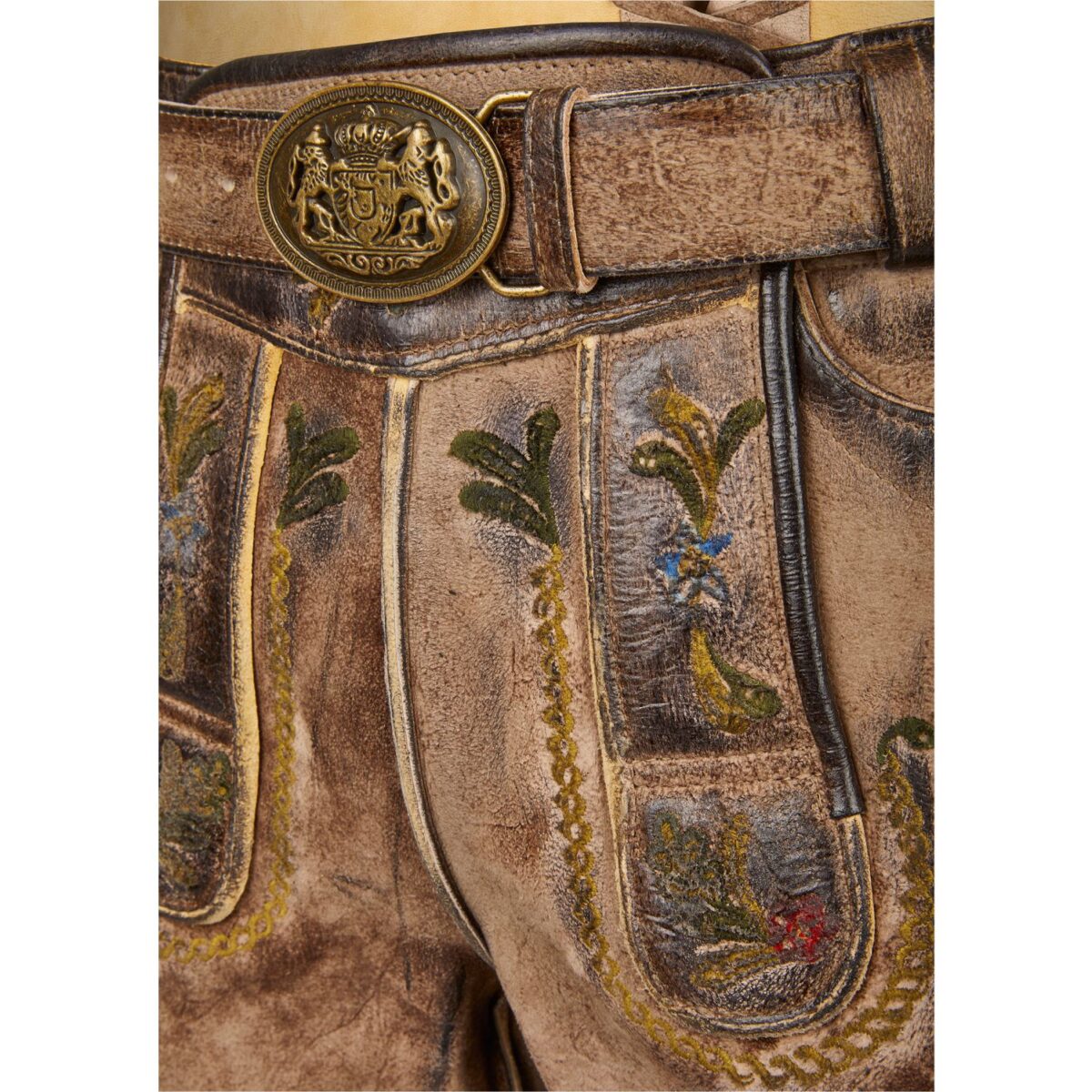 Classic Faded Brown Lederhosen Men with Embroidered Art Embroidery