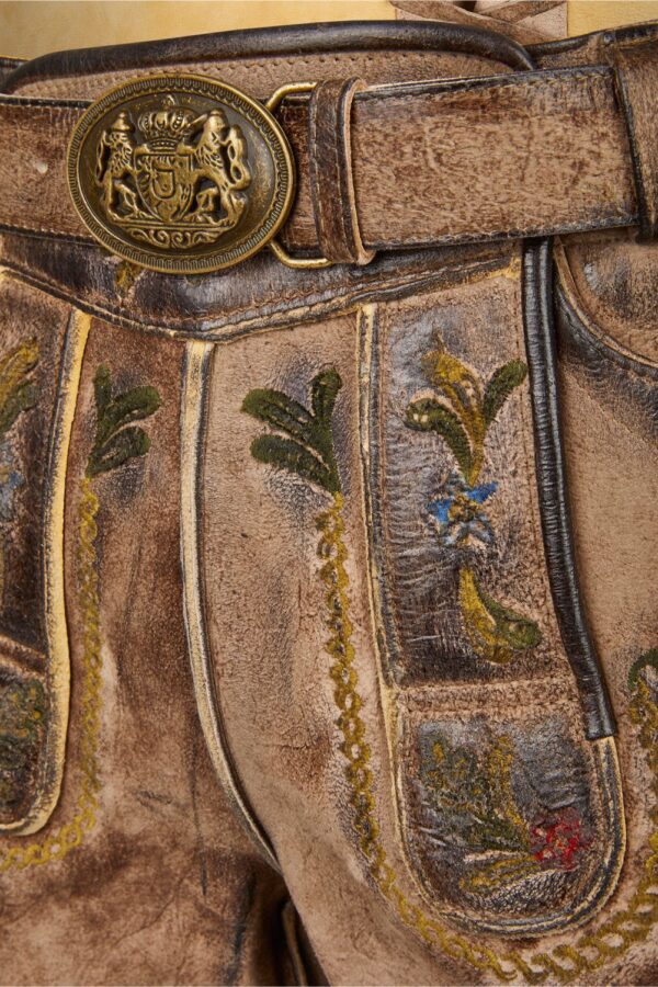 Classic Faded Brown Lederhosen Men with Embroidered Art Embroidery