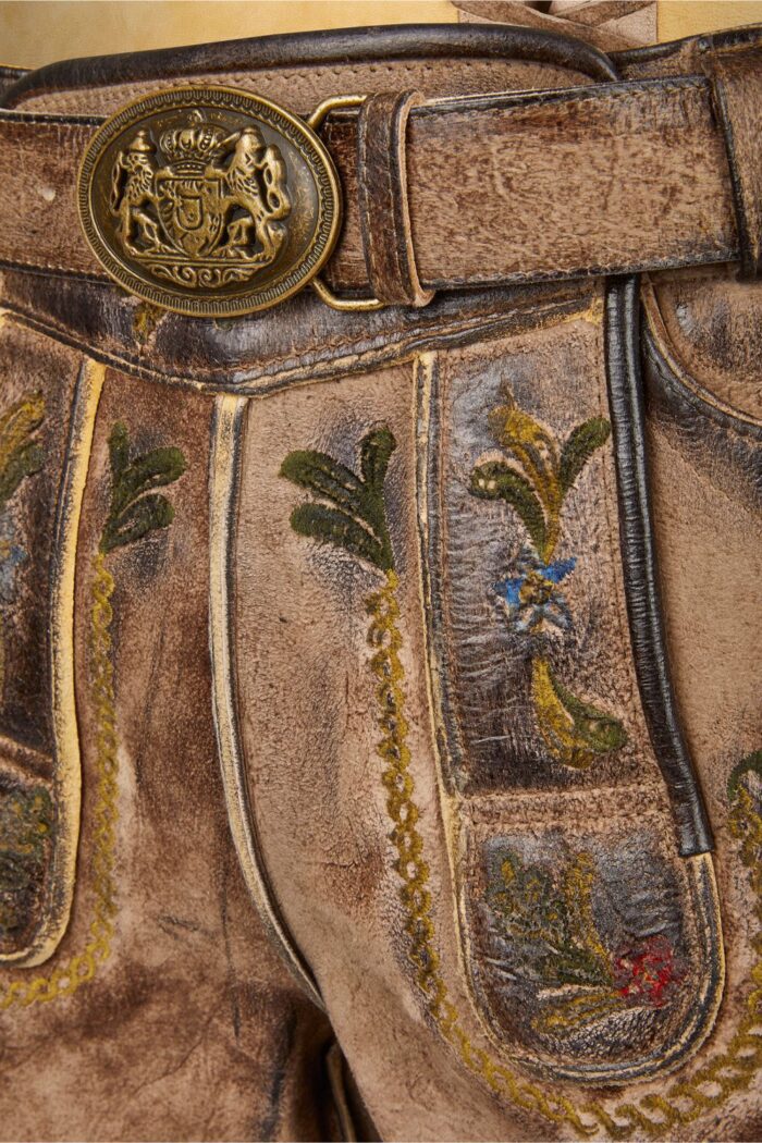 Classic Faded Brown Lederhosen Men with Embroidered Art Embroidery