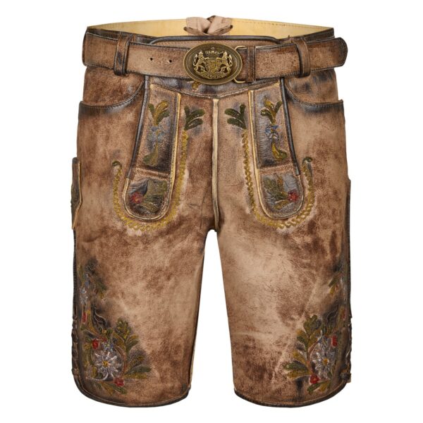 Classic Faded Brown Lederhosen Men with Embroidered Art Front