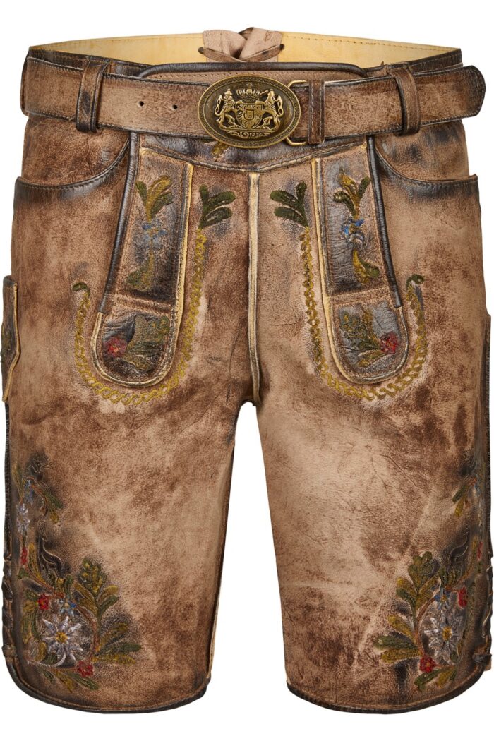 Classic Faded Brown Lederhosen Men with Embroidered Art Front