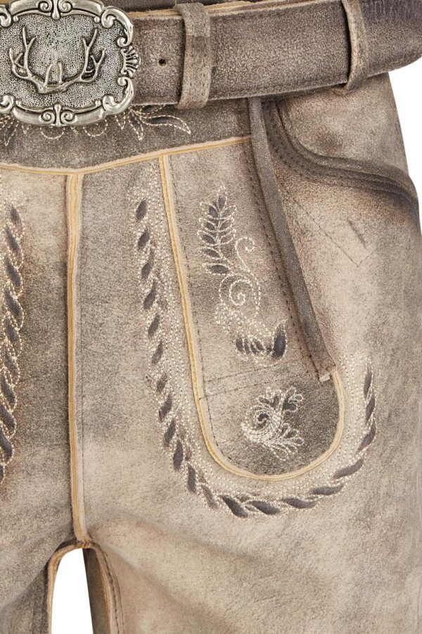 Traditional Lederhosen Ash Brown with Ornate Stitching Embroidery