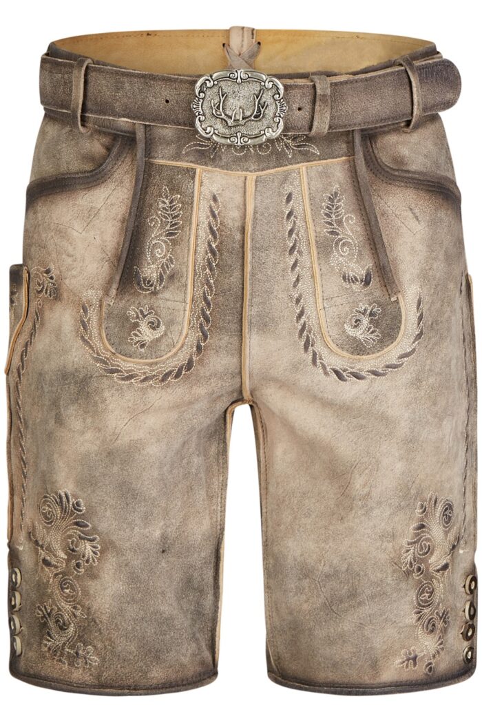 Traditional Lederhosen Ash Brown with Ornate Stitching Front