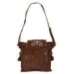 Traditional Dark Brown Suede Bag with Cream Floral Accents Back Full