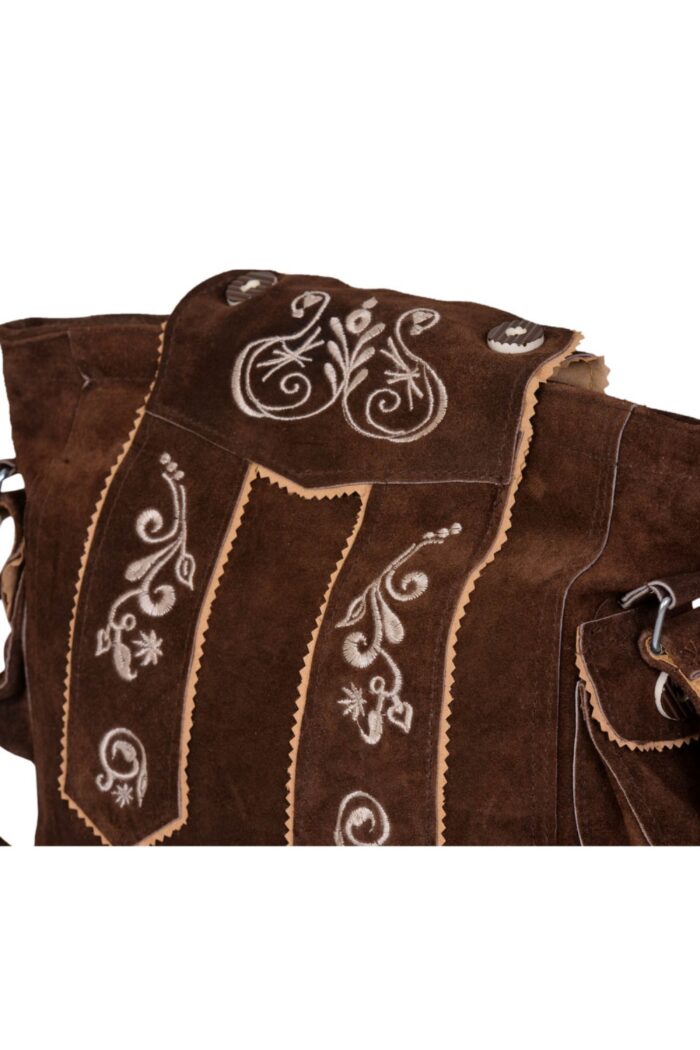 Traditional Dark Brown Suede Bag with Cream Floral Accents Embroidery