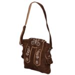 Traditional Dark Brown Suede Bag with Cream Floral Accents Side Full