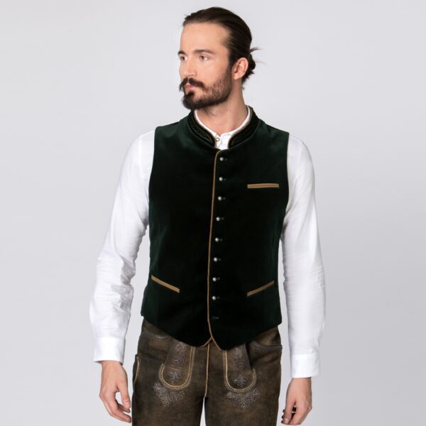 Authentic Velvet Lederhosen Vest With Dark Green Charm Front 2