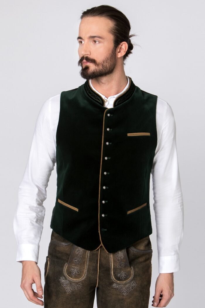 Authentic Velvet Lederhosen Vest With Dark Green Charm Front 2