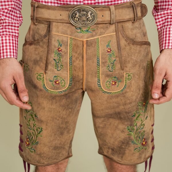 Men’s Alpine Meadow vintage lederhosen front view with green embroidery