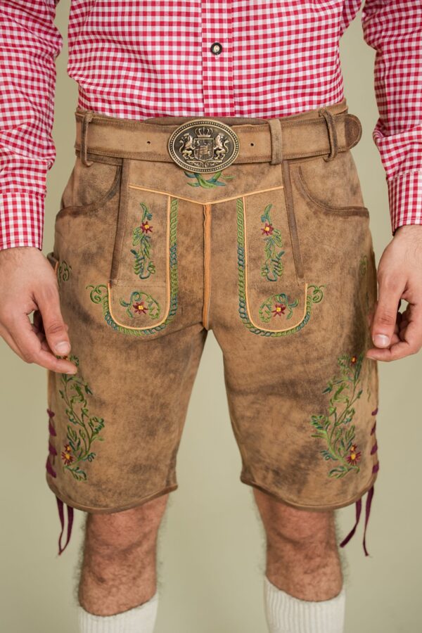 Men’s Alpine Meadow vintage lederhosen front view with green embroidery