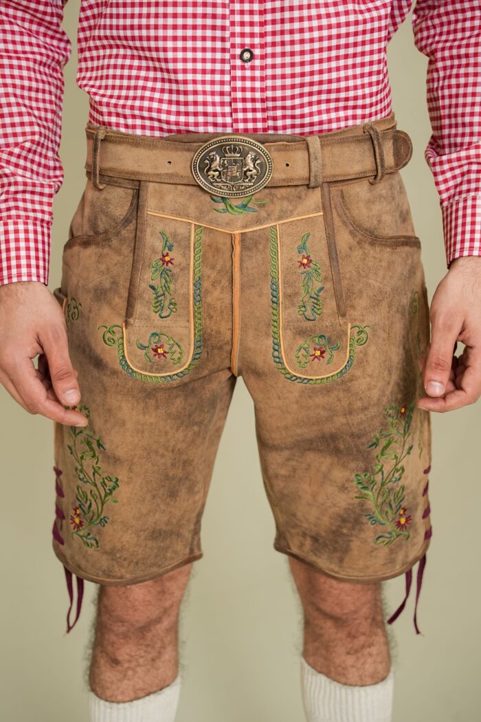 Men’s Alpine Meadow vintage lederhosen front view with green embroidery