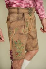 Side view of men’s Alpine Meadow vintage lederhosen with Bavarian embroidery