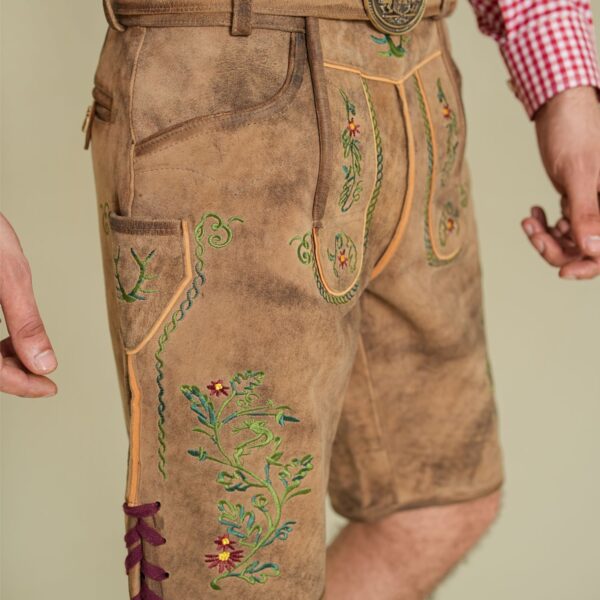 Side view of men’s Alpine Meadow vintage lederhosen with Bavarian embroidery