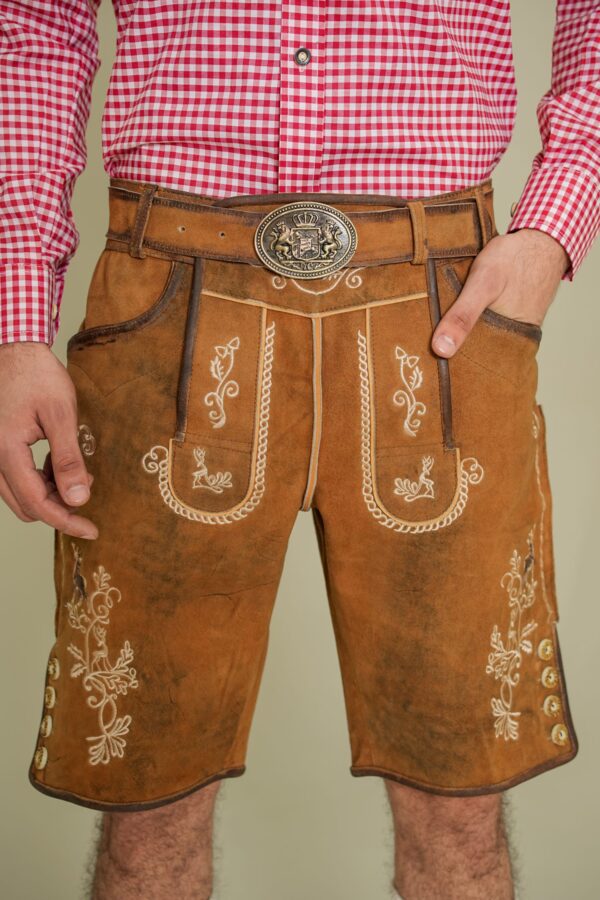 Front embroidery detail of Amber Crest Heritage Lederhosen