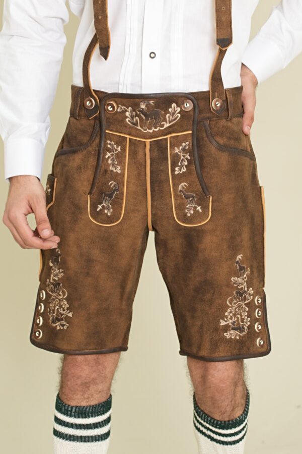 Front closeup of Chestnut Ridge Traditional Lederhosen