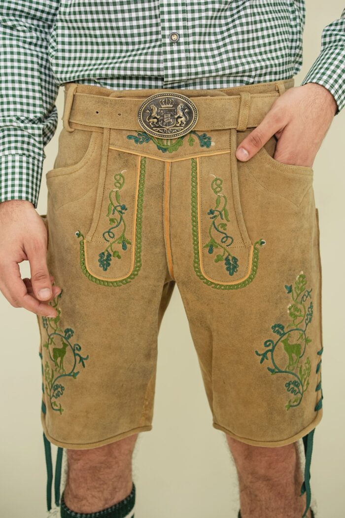 Front embroidery detail of Emerald Grove German Lederhosen