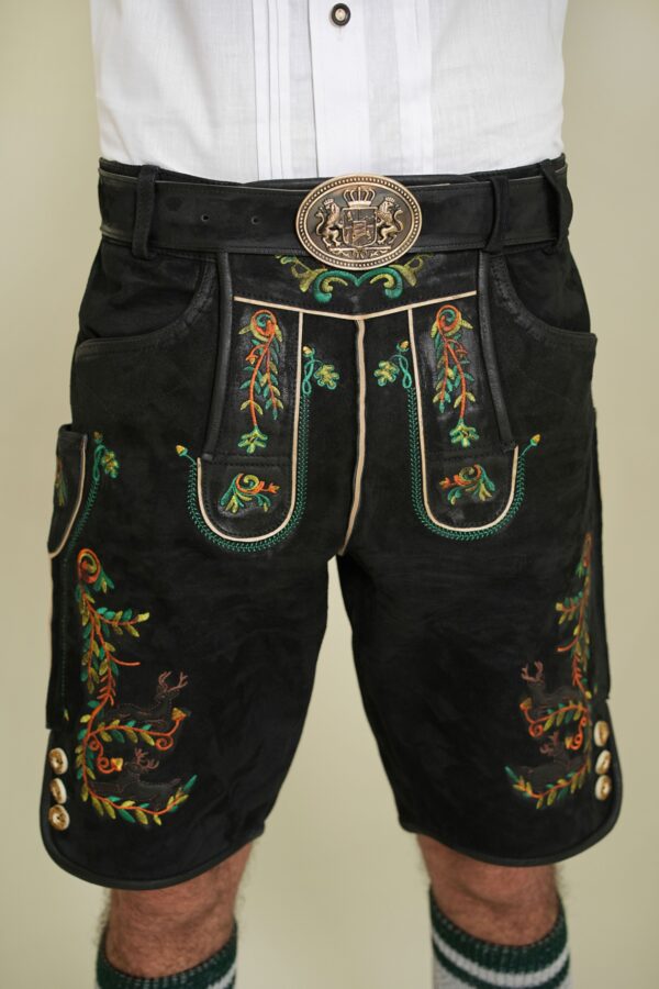 Front embroidery detail of Midnight Ember Bavarian Lederhosen