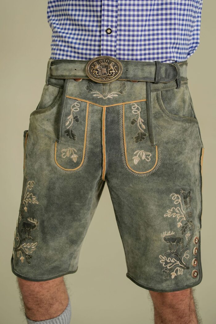 Front embroidery detail of Silver Stag Authentic Lederhosen