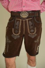 Front closeup of Tyrolean Dark Oak Classic Lederhosen with decorative belt buckle