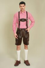 Tyrolean Dark Oak Classic Lederhosen full front view with traditional suspenders