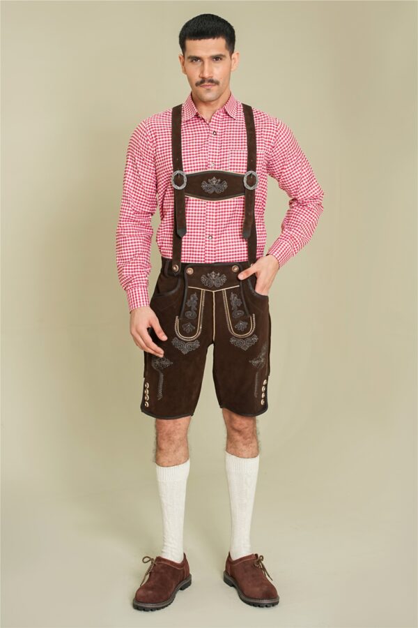 Tyrolean Dark Oak Classic Lederhosen full front view with traditional suspenders