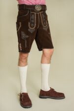 Side view of Tyrolean Dark Oak Classic Lederhosen with traditional belt