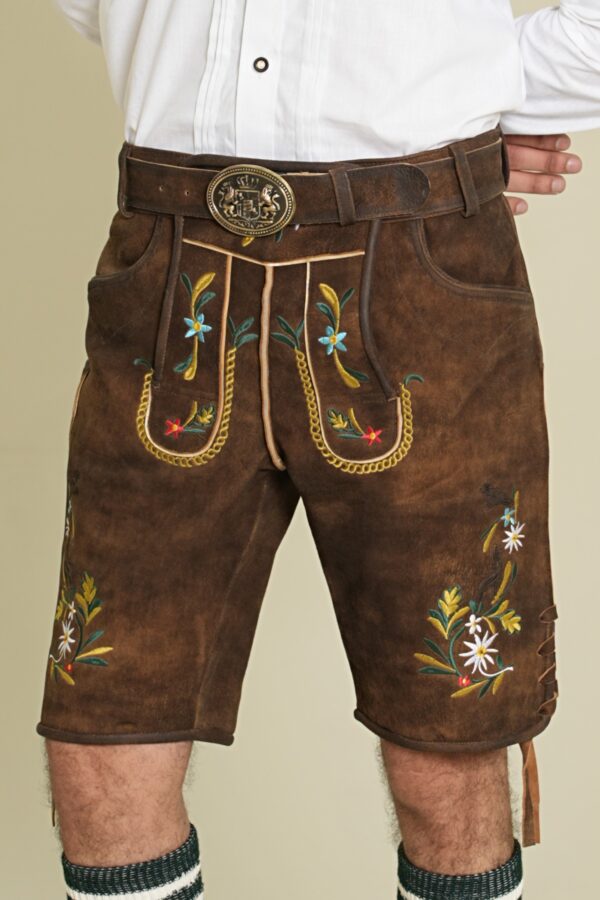 Front floral embroidery detail of Walnut Bloom Oktoberfest Lederhosen