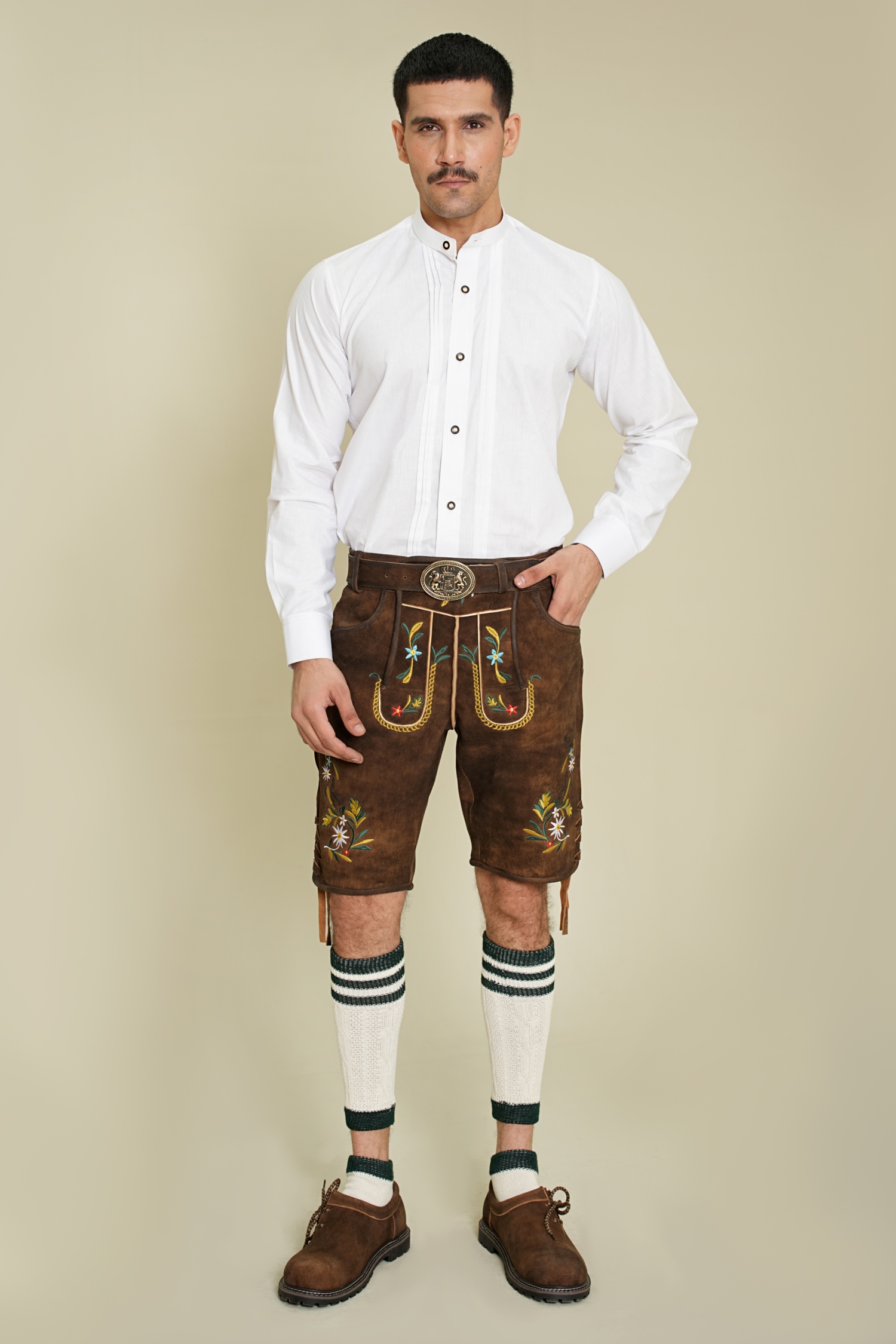 Walnut Bloom Oktoberfest Lederhosen – Full Front View Walnut Bloom Oktoberfest Lederhosen full front view