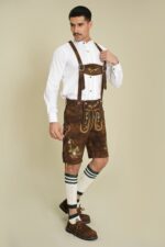 Model wearing Walnut Bloom Oktoberfest Lederhosen in walking pose