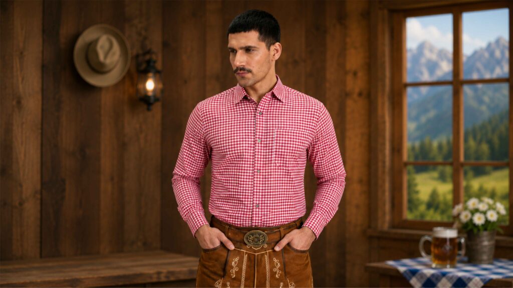 Man wearing a traditional Bavarian shirt with authentic Lederhosen in a rustic Alpine setting