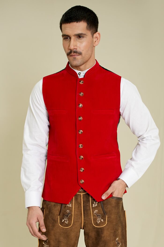 Crimson Peak Trachten Vest front closeup in premium red velvet