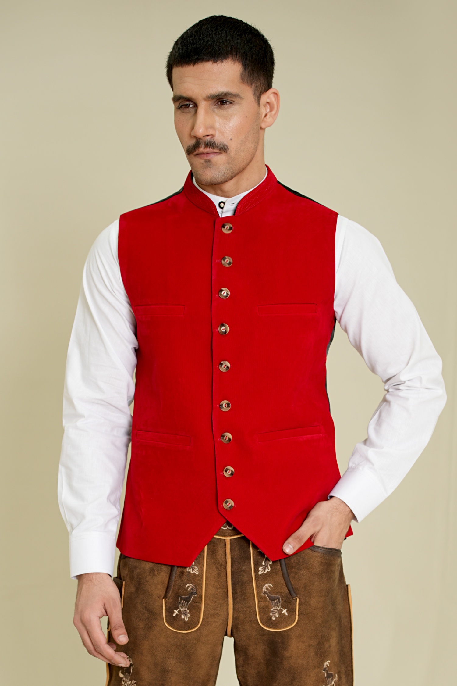 Crimson Peak Trachten Vest – Front Closeup Crimson Peak Trachten Vest front closeup in premium red velvet