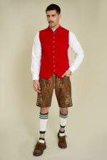 Model wearing Crimson Peak Trachten Vest full front view