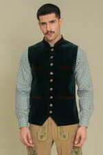Emerald Grove German Velvet Vest front closeup in premium green velvet