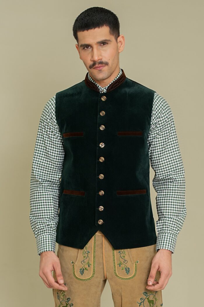 Emerald Grove German Velvet Vest front closeup in premium green velvet