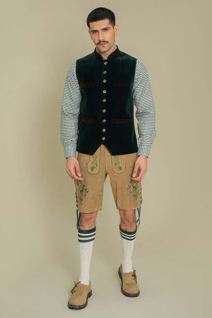 Model wearing Emerald Grove German Velvet Vest full front view