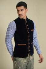 Model wearing Sapphire Crown Velvet Vest front angled view