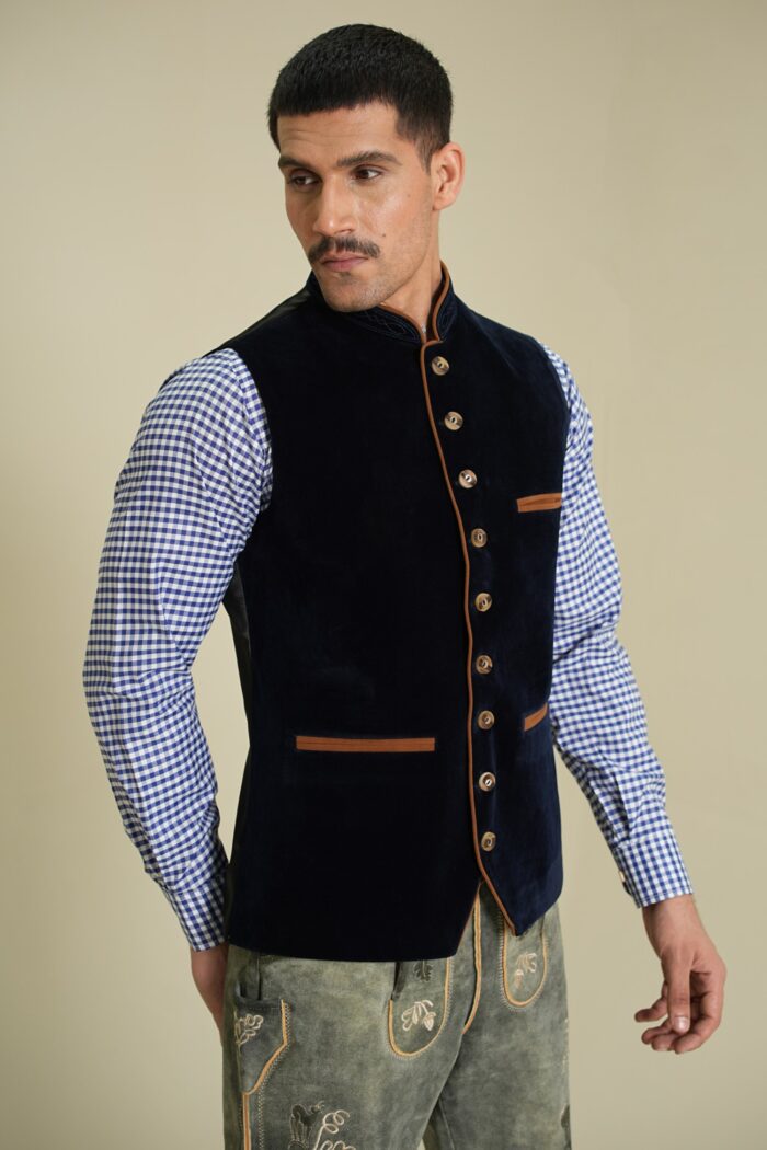 Model wearing Sapphire Crown Velvet Vest front angled view