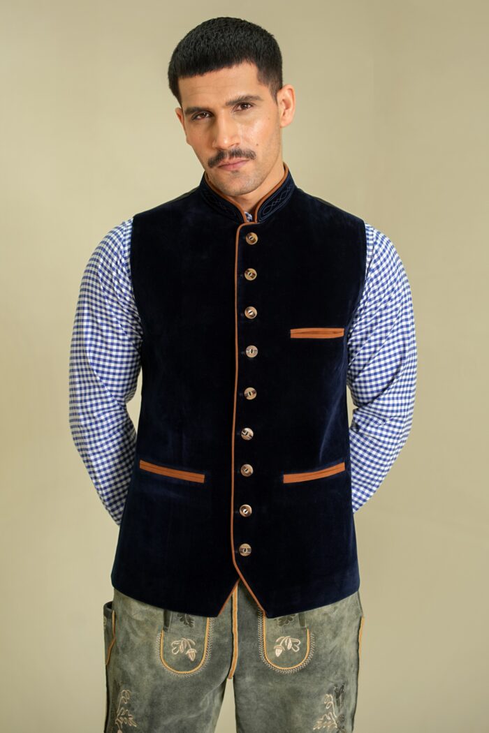 Sapphire Crown Velvet Vest front closeup in premium navy blue velvet