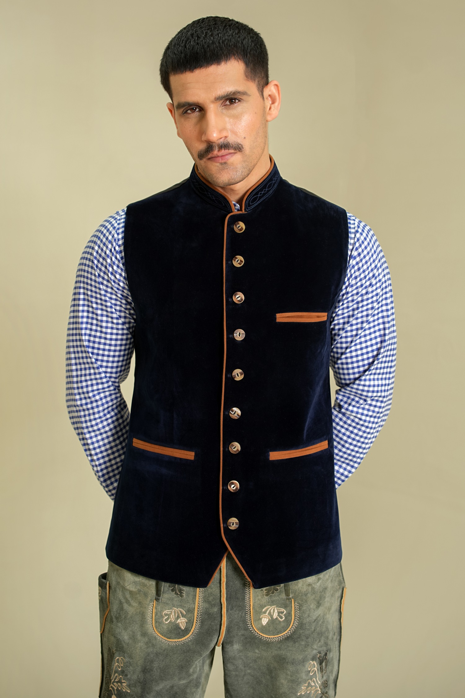 Sapphire Crown Velvet Vest – Front Closeup Sapphire Crown Velvet Vest front closeup in premium navy blue velvet