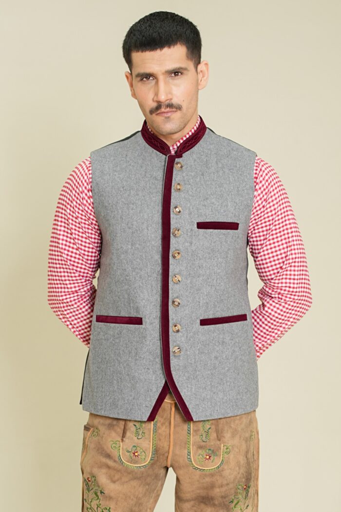 Sterling Manor Oktoberfest Vest front closeup in grey with burgundy trim