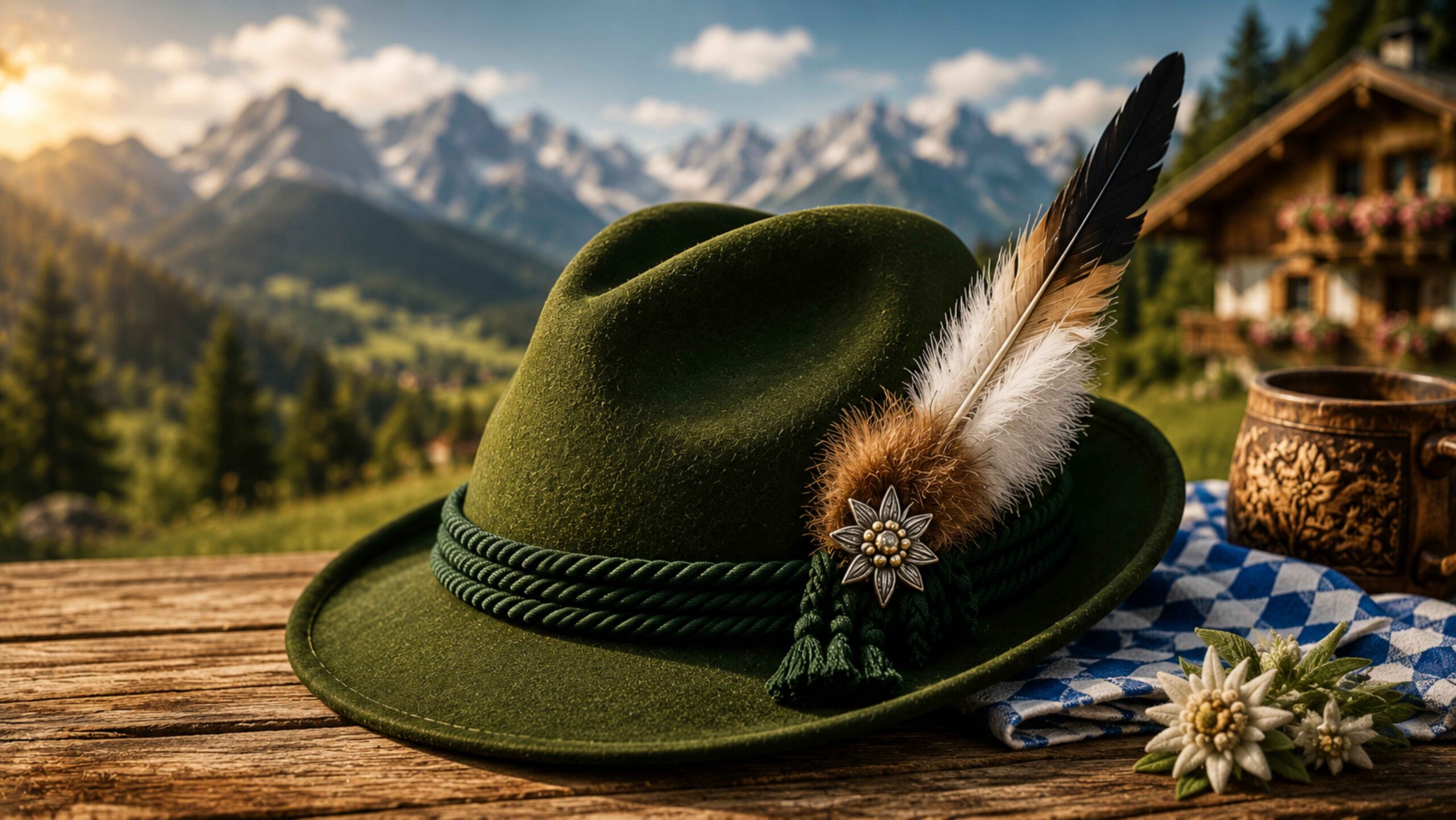 Traditional green Lederhosen hat with feather and Edelweiss pin on a rustic wooden table against a scenic Bavarian Alpine background.