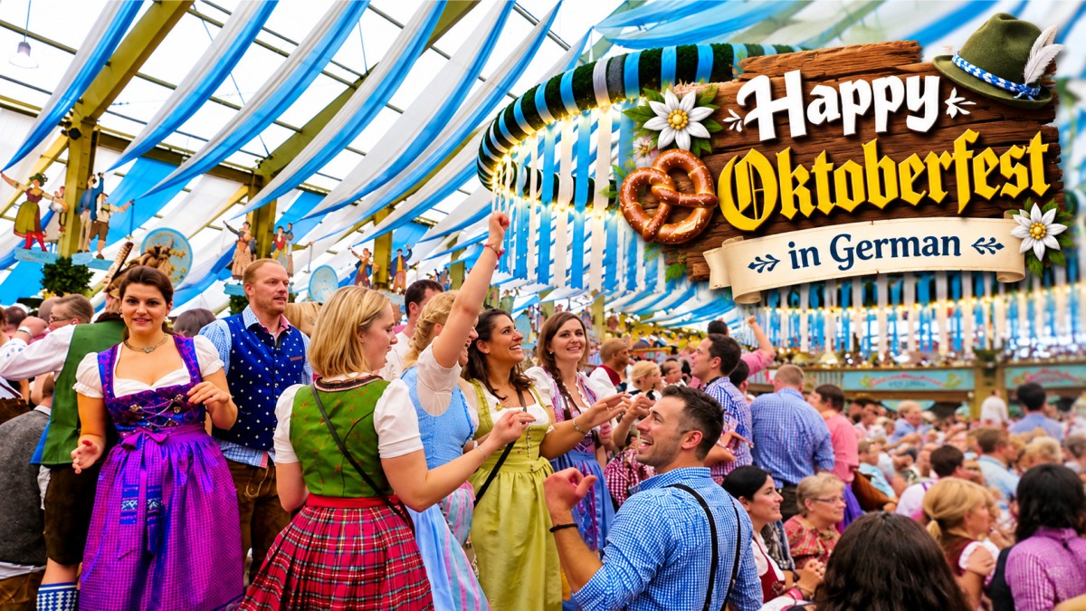 Happy Oktoberfest in German sign inside a festive beer tent