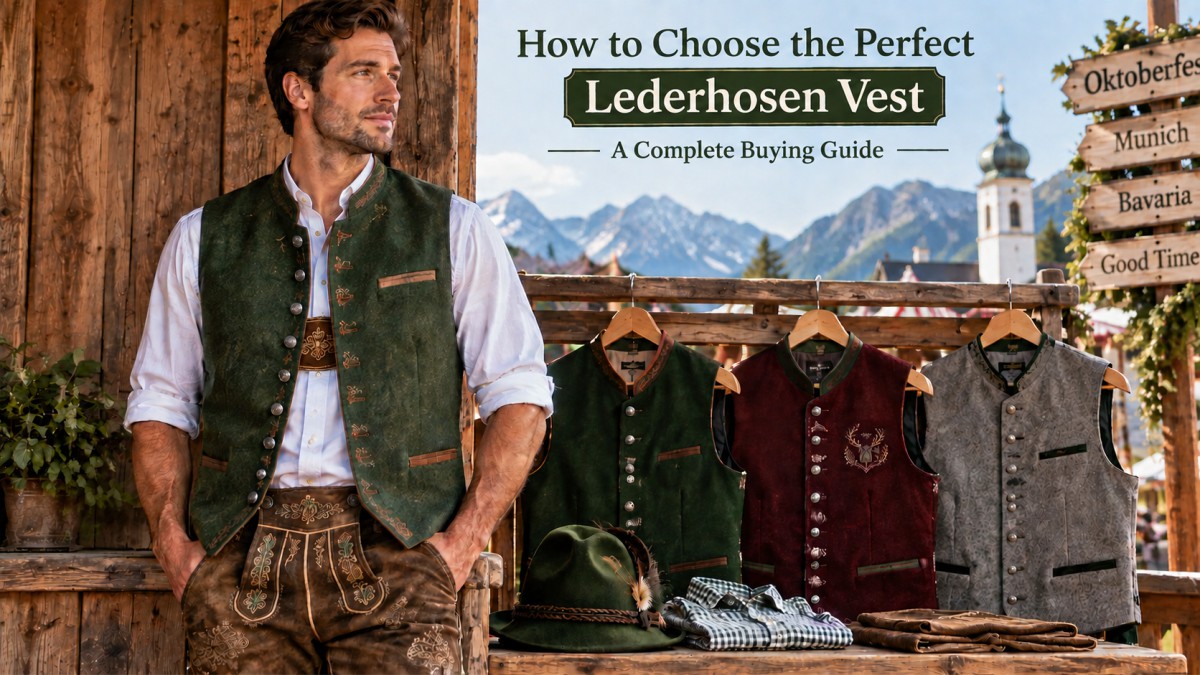 Man wearing a traditional Lederhosen vest with different Bavarian vests displayed