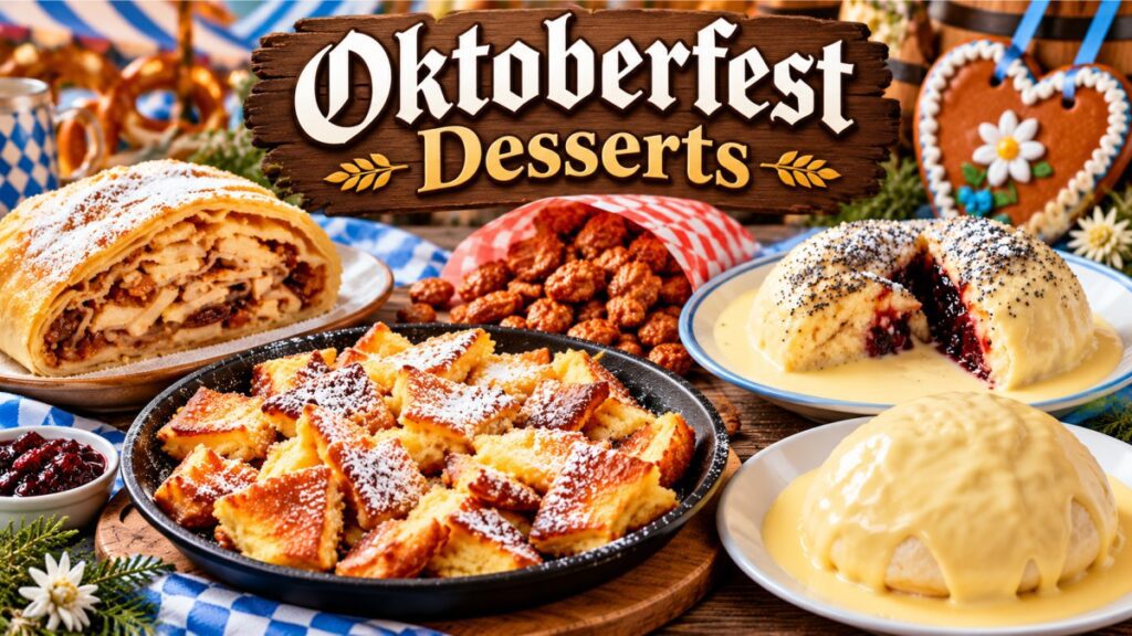 Oktoberfest desserts and traditional German sweets including Kaiserschmarrn, apple strudel and candied almonds