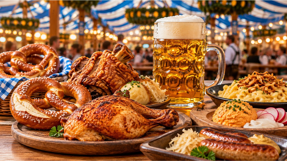 Traditional Oktoberfest food including roast chicken, pork knuckle, pretzels and sausages