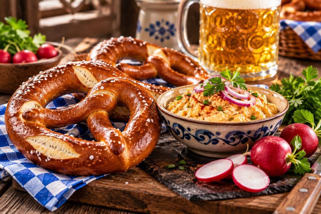 Bavarian pretzels served with Obatzda cheese spread and fresh radishes