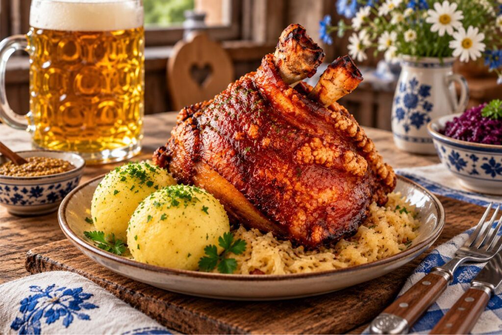 Traditional Bavarian Schweinshaxe served with potato dumplings and sauerkraut
