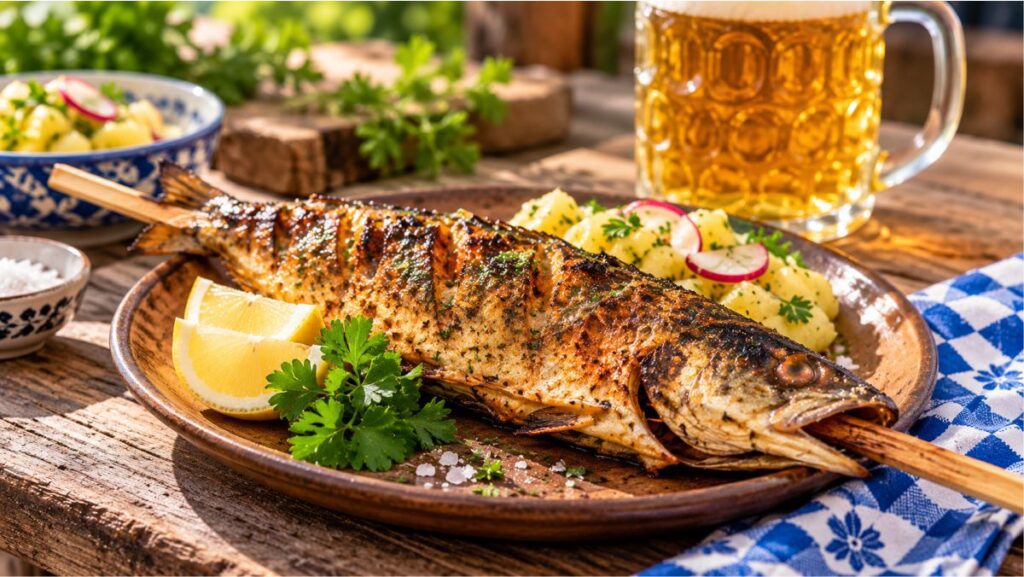 Grilled Steckerlfisch on a wooden skewer served with lemon and potato salad